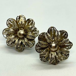 Vintage sterling silver Topazio Portugal filigree flower screw back earrings